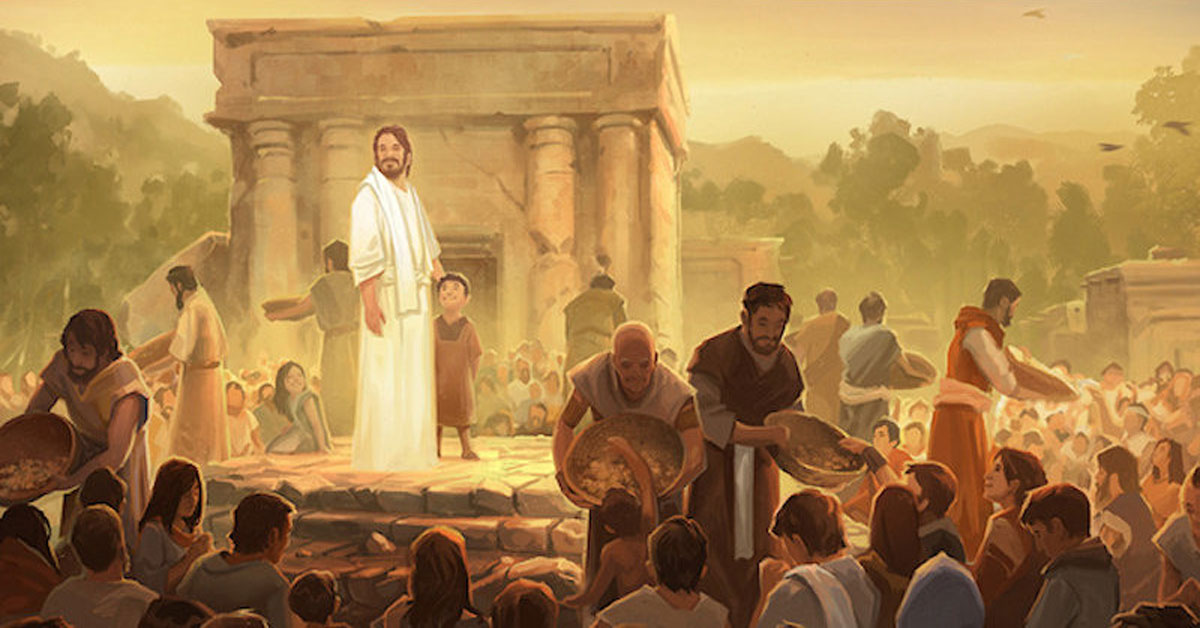 Illustration of Christ appearing to the Nephites by Andrew Bosley. Image via ChurchofJesusChrist.org