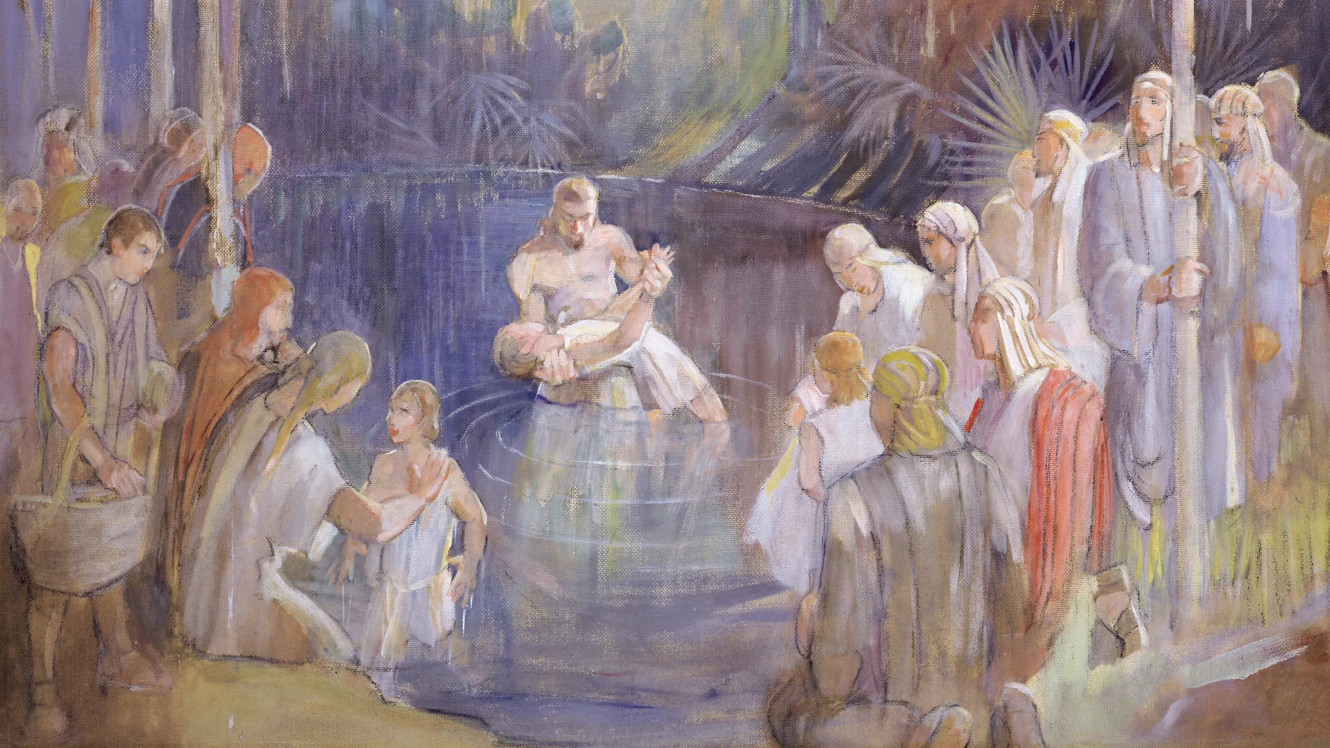 Minerva Teichert (1888–1976), “Alma Baptizes in the Waters of Mormon,” 1949–1951, oil on masonite, 35 7/8 × 48 inches. Brigham Young University Museum of Art, 1969