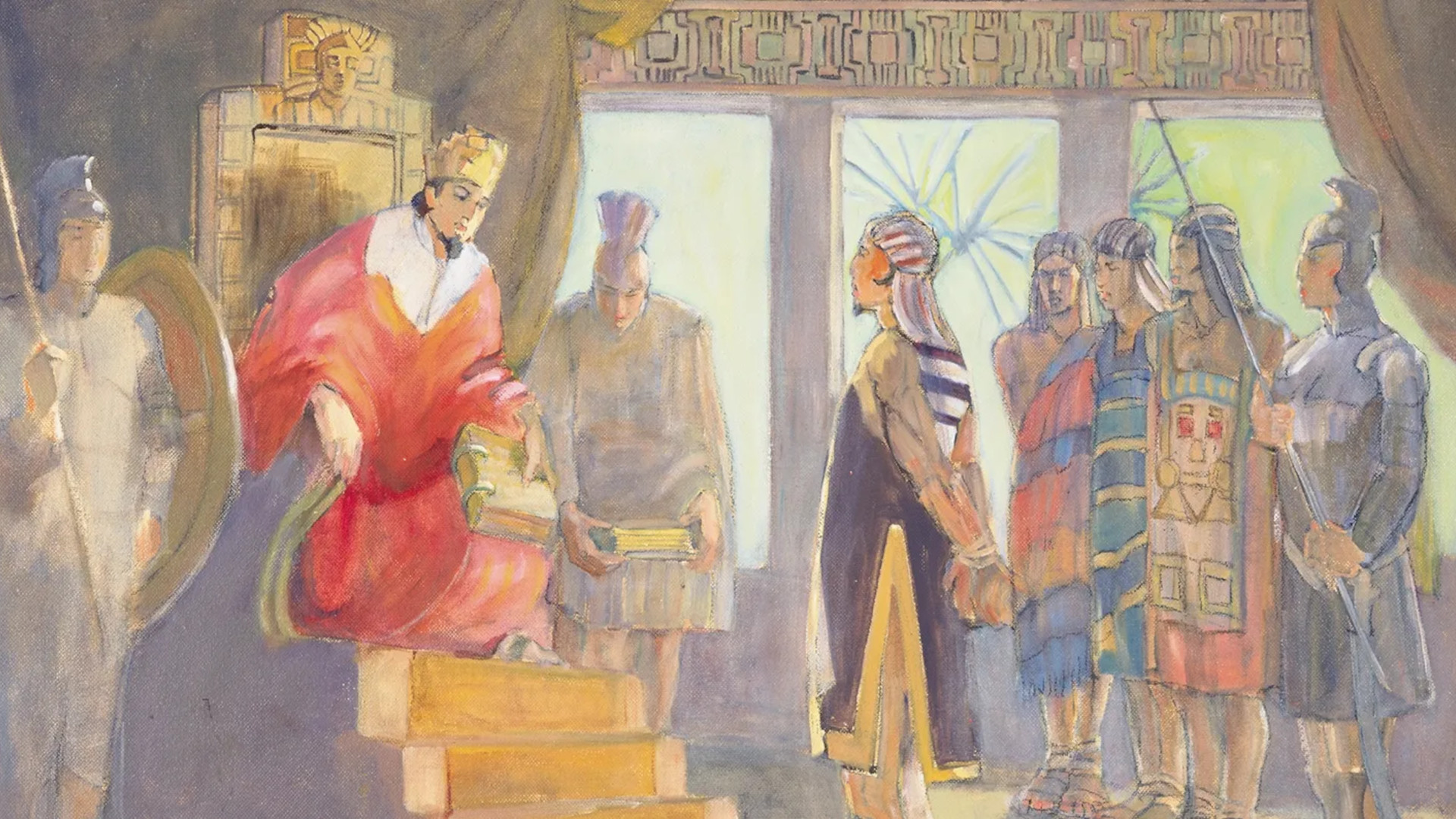 Minerva Teichert (1888–1976), “Ammon before King Limhi,” 1949–1951, oil on masonite, 35 15/16 × 48 inches. Brigham Young University Museum of Art, 1969.