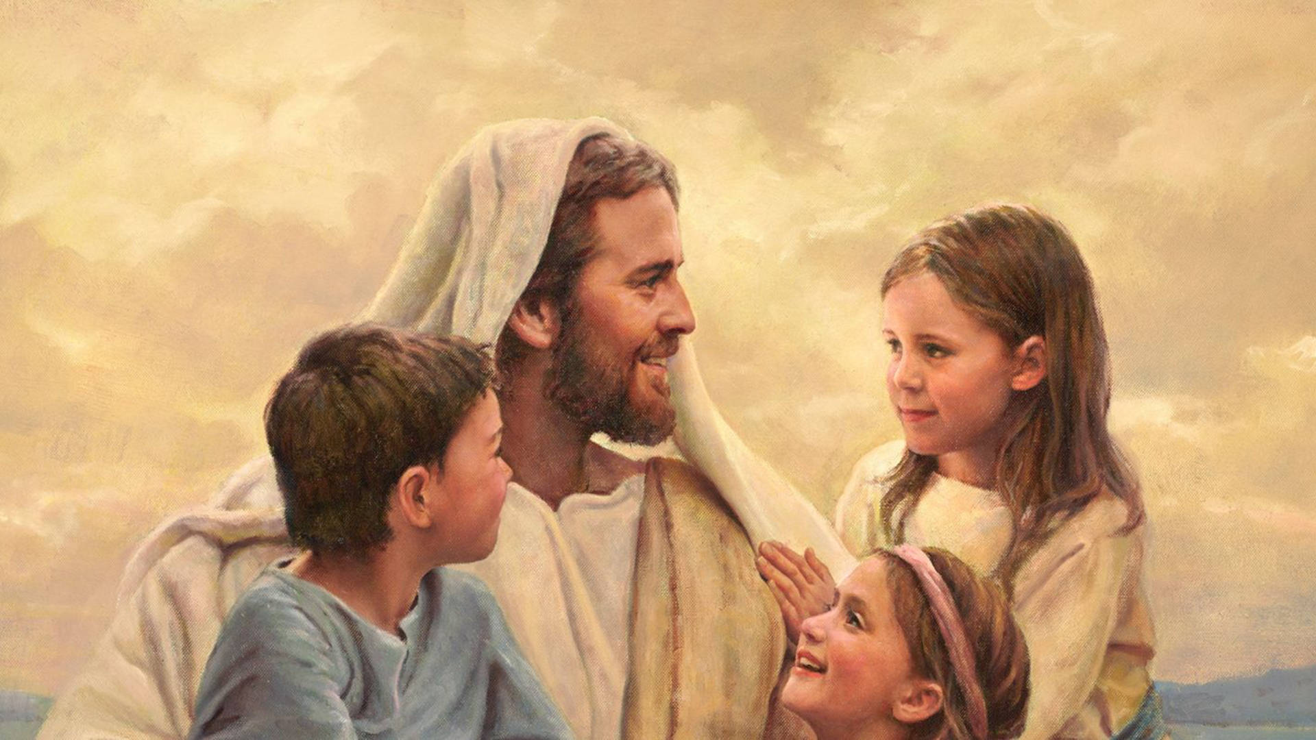 Del Parson's painting "Perfect Love," depicting Jesus holding and interacting with several children and smiling