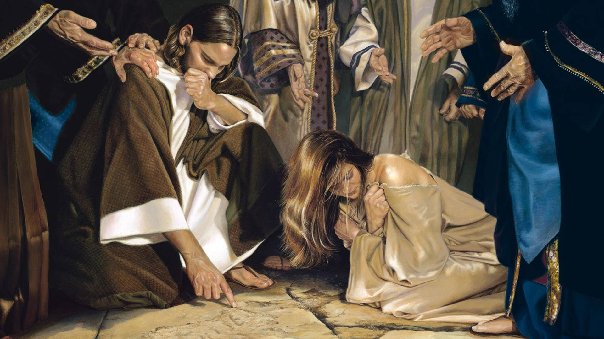 Liz Lemon Swindle's painting, "He that Is Without Sin," depicting Jesus drawing in the dust in front of the woman taken in adultery