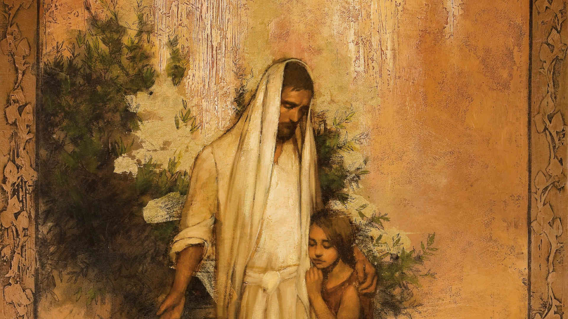 Annie Henrie's painting, "Balm of Gilead," depicting Christ in white comforting a young girl at his side