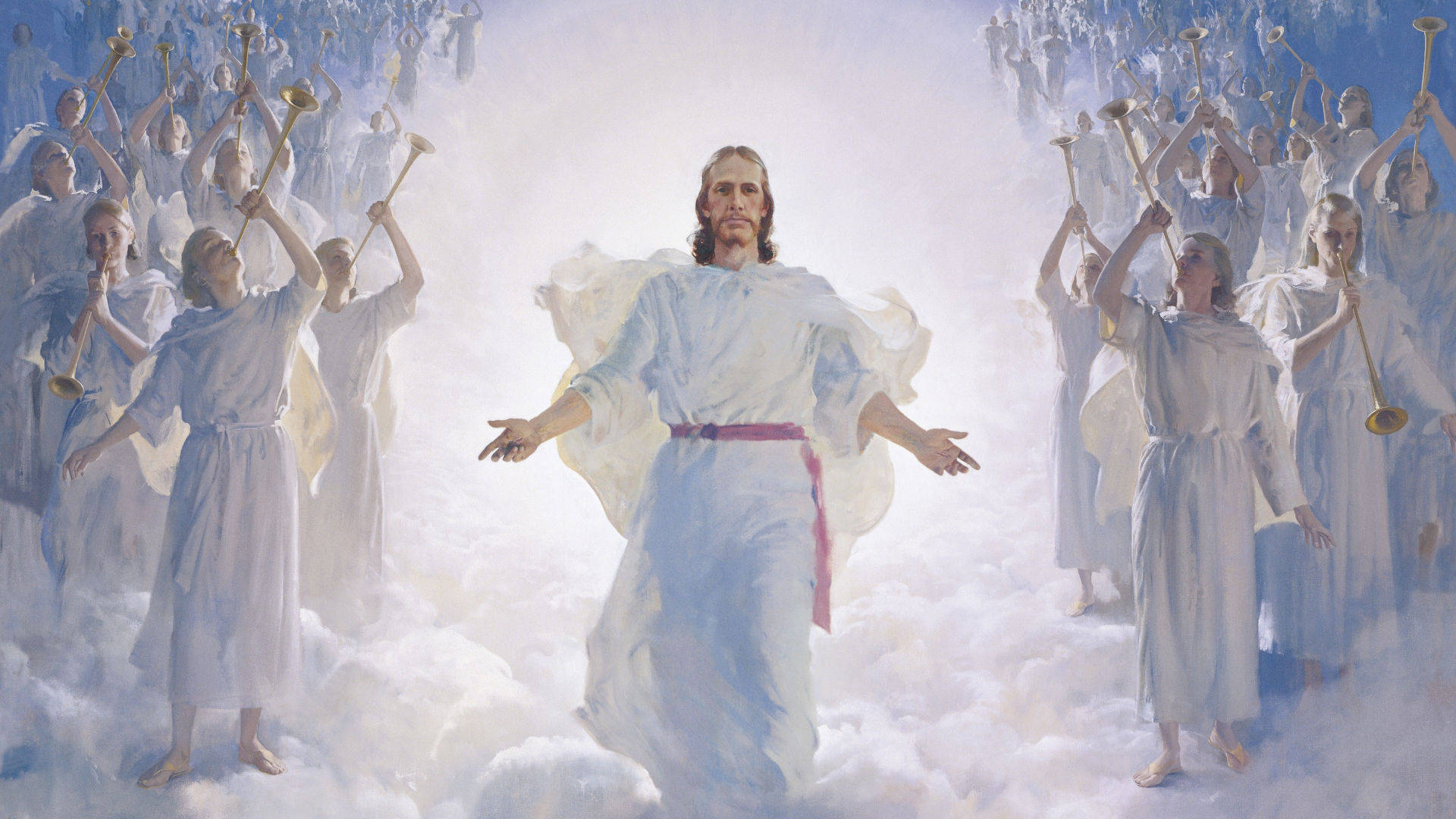 Harry Anderson's painting, "The Second Coming," depicting Jesus Christ coming to the earth in clouds, flanked on either side by trumpeting angels