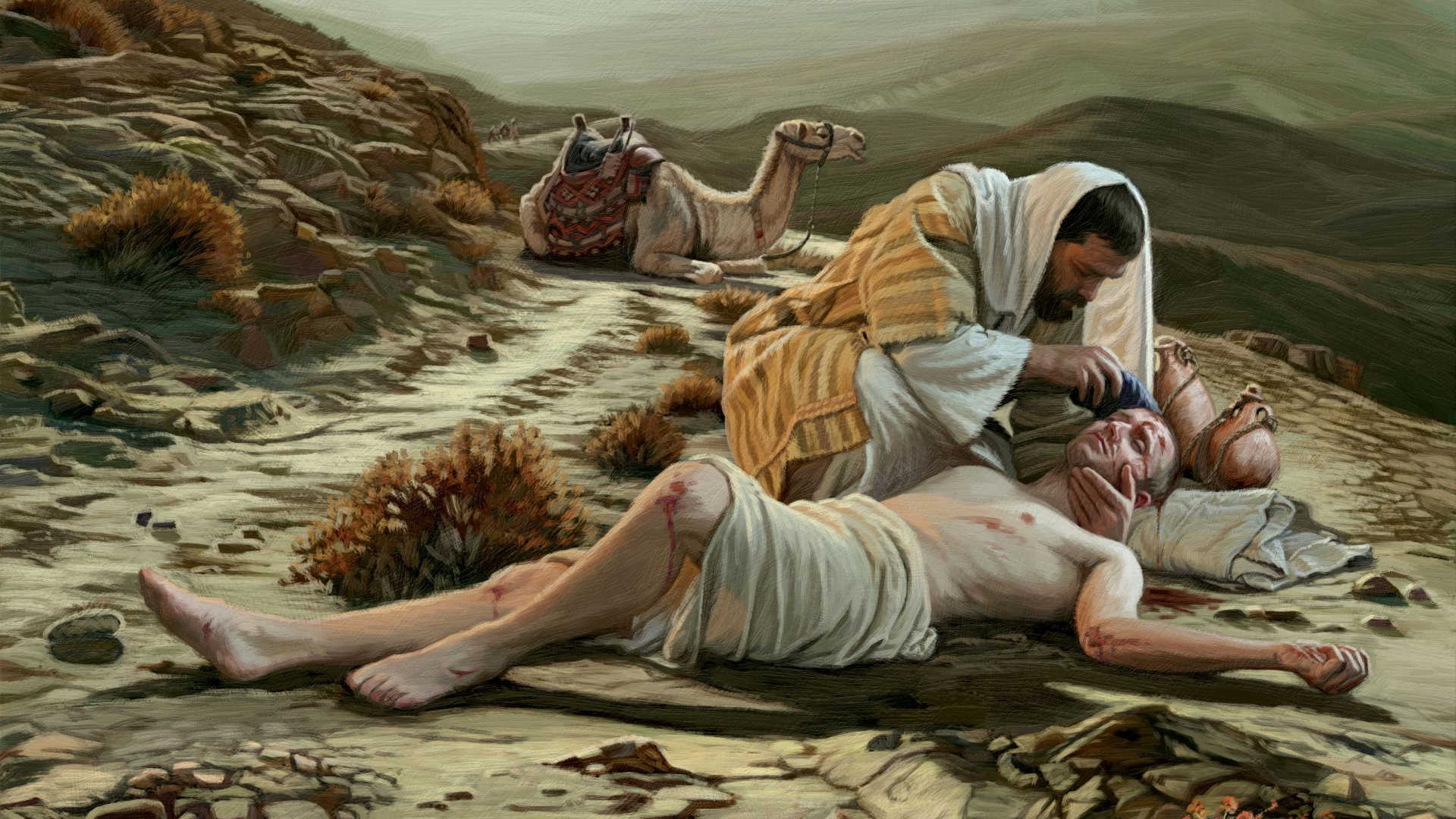 Dan Burr's painting, "The Good Samaritan," depicting the Samaritan administering to the wounded man on the road.