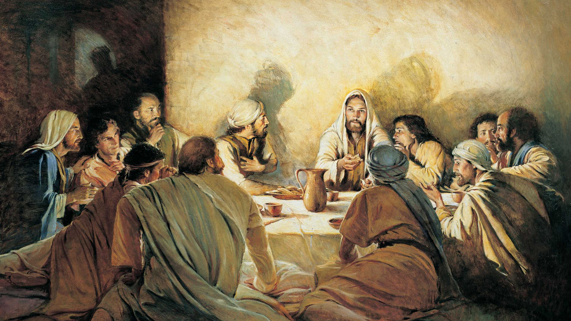 Walter Rane's painting, "In Remembrance of Me," depicting Jesus Christ breaking bread and teaching his disciples at the last supper