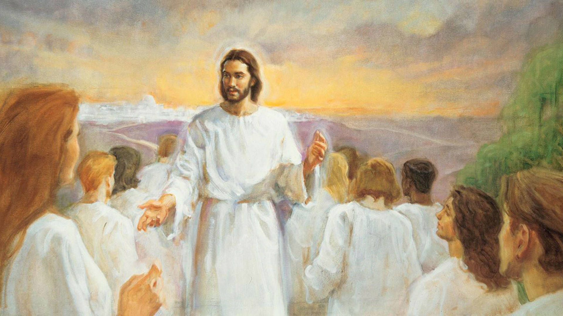 Keith Larson's painting, "The City Eternal," depicting Jesus Christ directing and welcoming people in white robes to a landscape and white city far behind him
