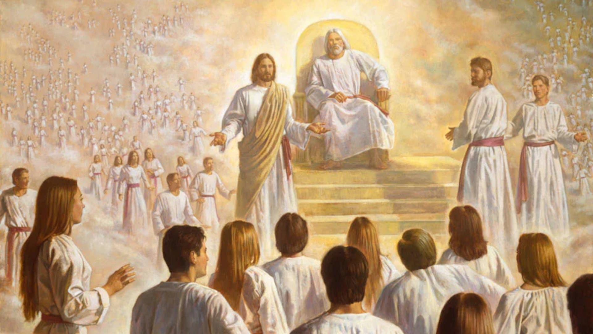 Robert T. Barrett's painting, "The Grand Council," depicting Jesus Christ, Heavenly Father, Lucifer, and God's children