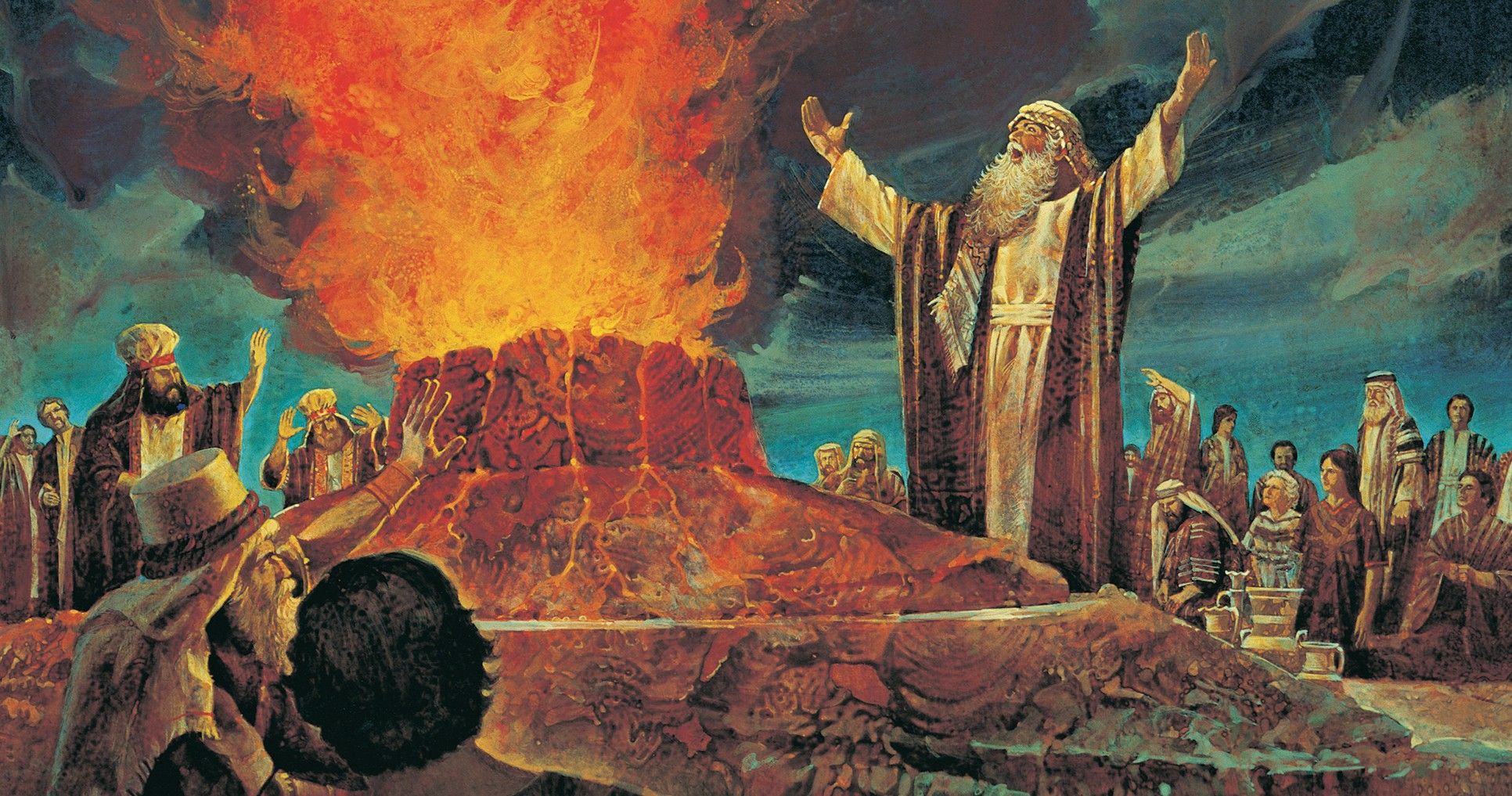 Elijah Contends against the Priests of Baal, by Jerry Harston. Image via Church of Jesus Christ.