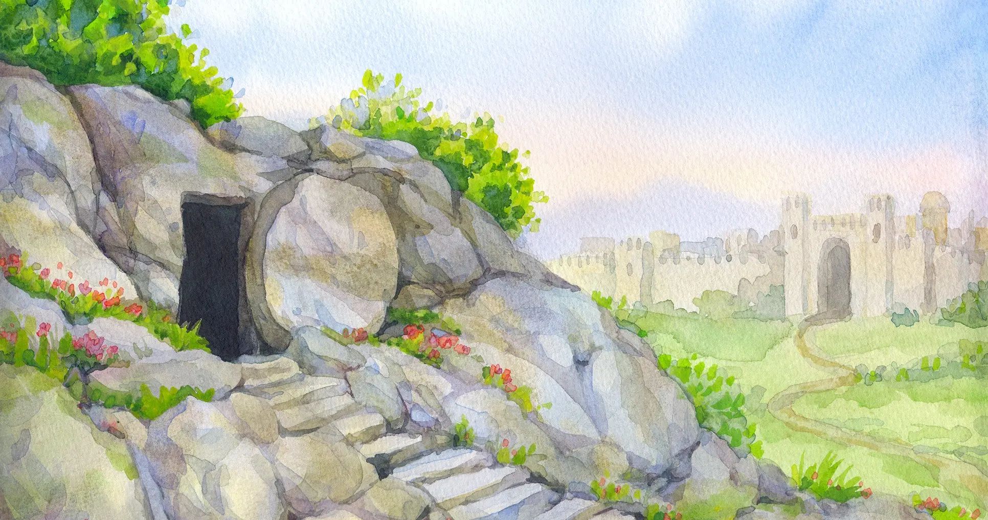 Illustration of the empty tomb by Maryna Kriuchenko. Image via Church of Jesus Christ.