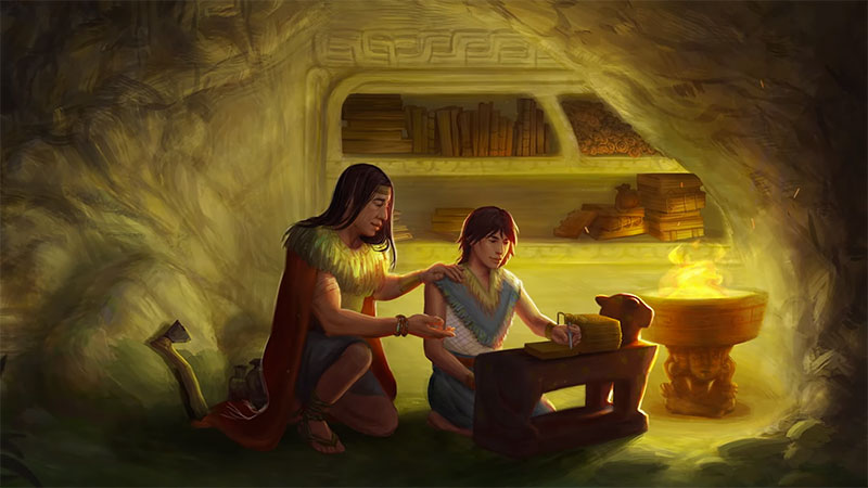 Mormon and Moroni in the records cave abridging the plates. Artwork by Katie Payne.