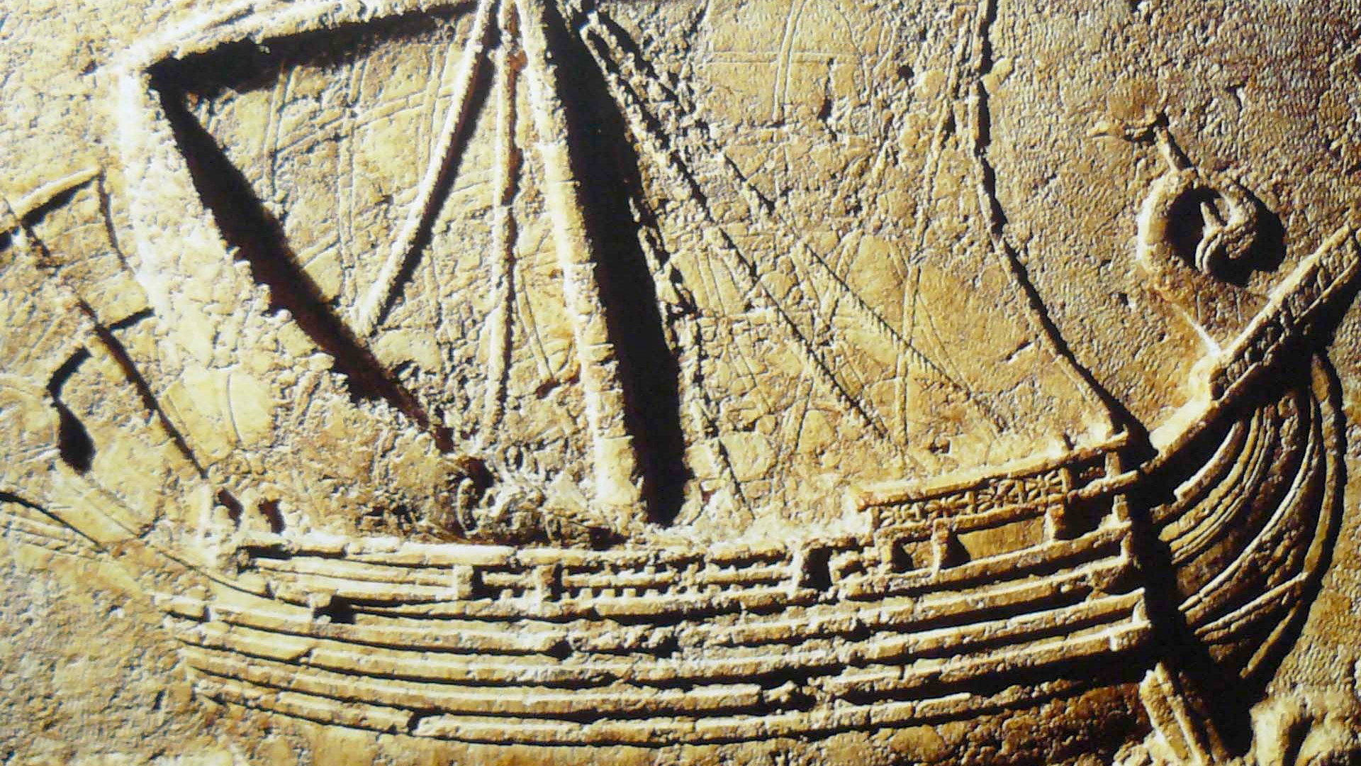 Phoenician ship Carved on the face of a sarcophagus. 2nd century AD. Original image by Elias Ziade. CC BY-SA 3.0.
