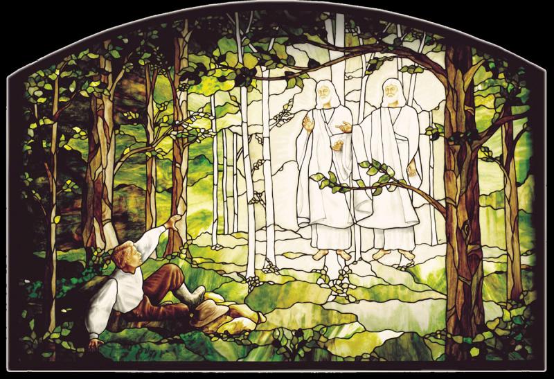 Depiction of Joseph Smith’s First Vision in stained glass by Tom Holdman in the Palmyra New York Temple of The Church of Jesus Christ of Latter-day Saints.