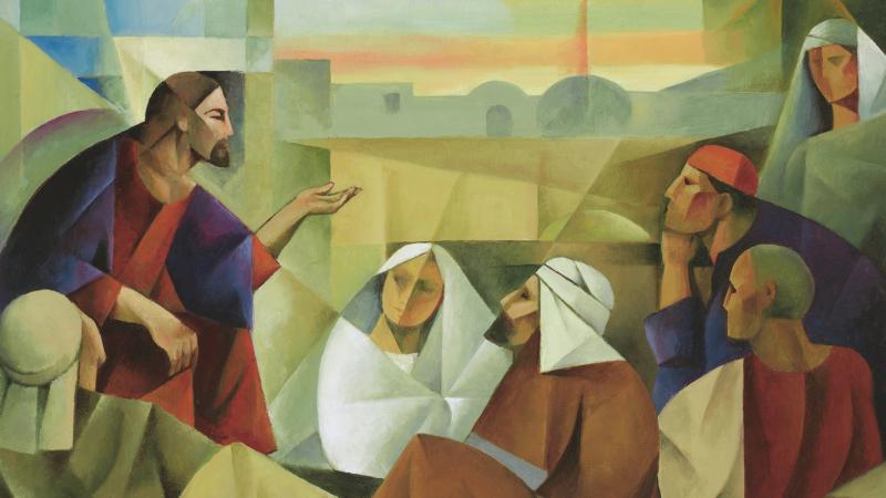 "Lord of the Parables," a painting by Jorge Cocco, representing Jesus speaking to a small group.