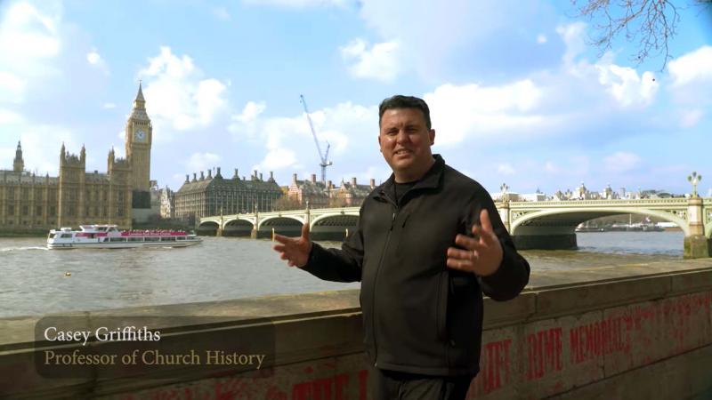 Casey Paul Griffiths explaining Latter-day Saint historical sites in England.
