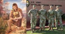 Left: A Warrior's Prayer by Hannah Loflin. Submitted to the 2020 Book of Mormon Central Art Contest. Right: U.S. Army chaplains Rick Gabbitas, Erik Ramsay, Noé Correa, and Tyson Yapias.