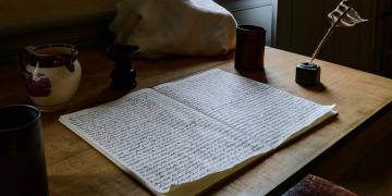 A Book of Mormon Manuscript on a table. Doctrine and Covenants 10-11.