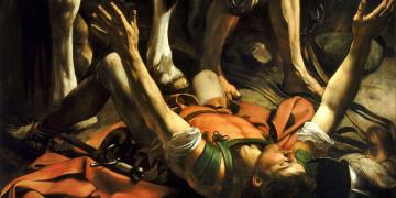 Michelangelo Merisi da Caravaggio's painting, "Conversion on the Way to Damascus, depicting Paul experiencing a vision of Jesus Christ, having fallen off a horse