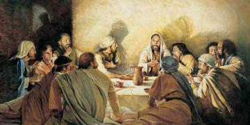 Walter Rane's painting, "In Remembrance of Me," depicting Jesus Christ breaking bread and teaching his disciples at the last supper