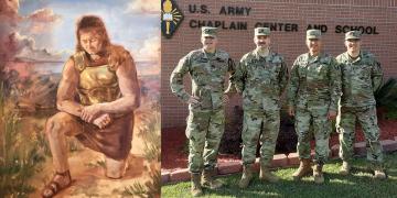 Left: A Warrior's Prayer by Hannah Loflin. Submitted to the 2020 Book of Mormon Central Art Contest. Right: U.S. Army chaplains Rick Gabbitas, Erik Ramsay, Noé Correa, and Tyson Yapias.