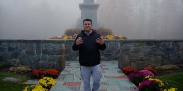 Casey Paul Griffiths at the memorial of Joseph Smith's birthplace in Sharon, Vermont.
