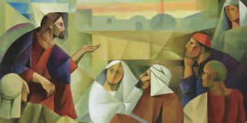 "Lord of the Parables," a painting by Jorge Cocco, representing Jesus speaking to a small group.