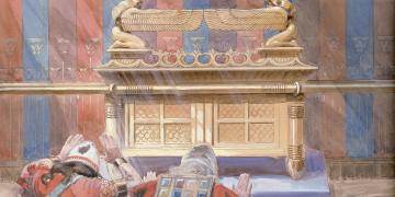 Moses and Joshua worship before the ark of the covenant in the tabernacle. Detail from “Moses and Joshua in the Tabernacle” by James Tissot.